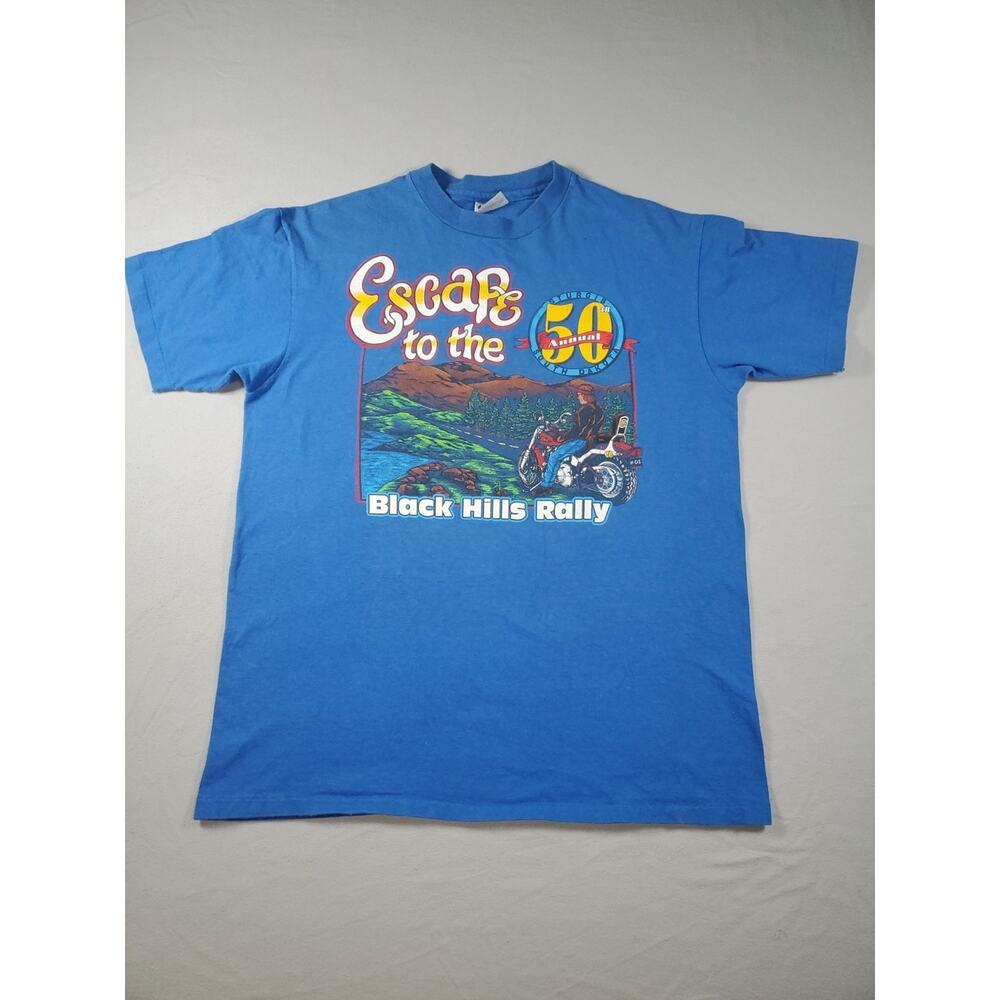 Vtg Sturgis 50th Annuel Escape To The Black Hills Rally Blue TShirt L 80s